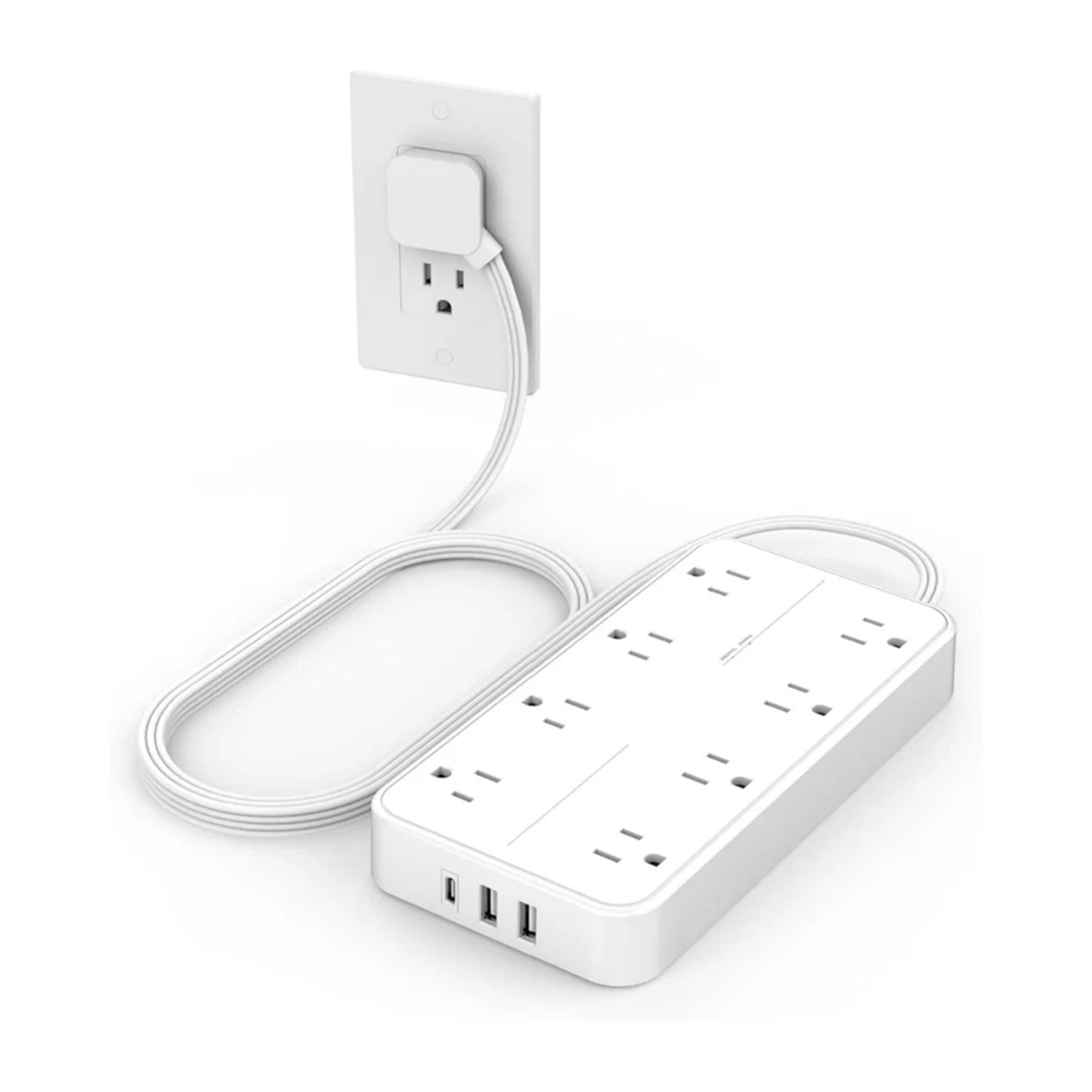 Surge‑Protected Power Strip With Flat Plug 8 AC Outlets 3 USB Ports