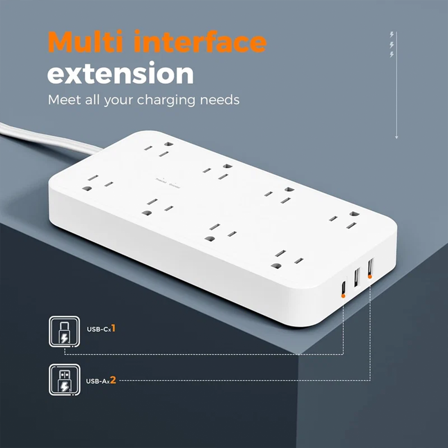 Surge‑Protected Power Strip With Flat Plug 8 AC Outlets 3 USB Ports